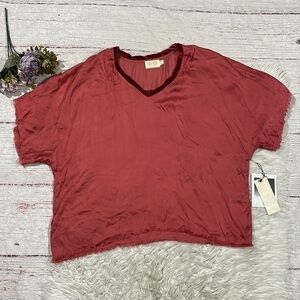 NWT Nation LTD Satin Emory Twisted Marsala Red Velvet Trim Oversized Top
